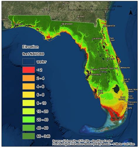Map of Florida showing sea level rise