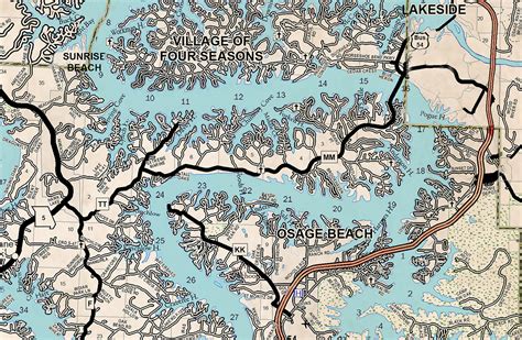 A map of Lake of the Ozarks with mile markers