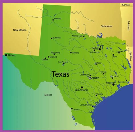 Map of Texas with Cities and Rivers