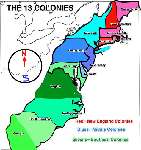 Map of the 13 Colonies with Names
