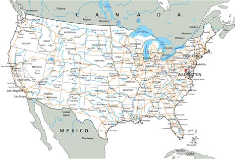 Road map of the USA with states and cities