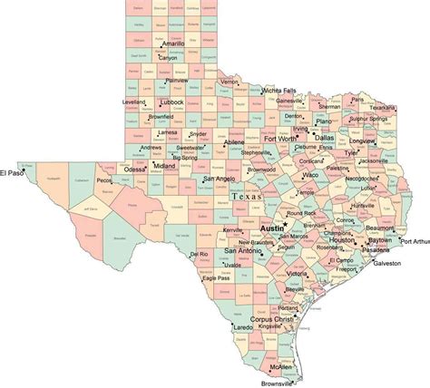 A map of Texas with cities and counties