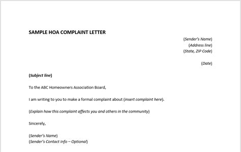 Hoa Complaint Letter Template