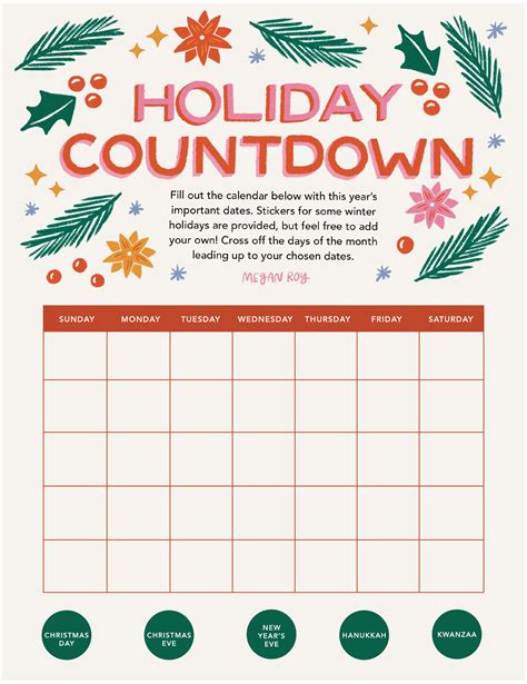 Holiday Countdown Monthly Calendar