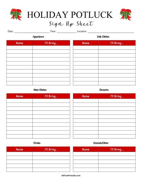 Holiday Potluck Sign Up Sheet Template Free