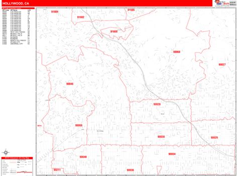 Hollywood California Zip Code Wall Map (Red Line Style) by MarketMAPS