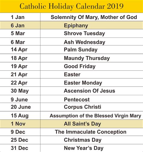Holy Days Calendar