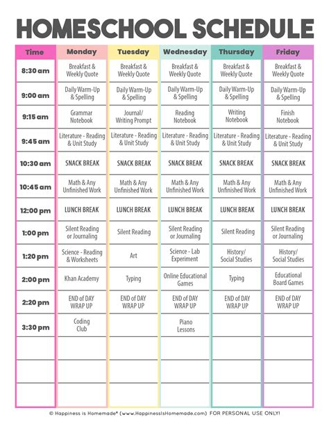 Homeschool Block Schedule Printable