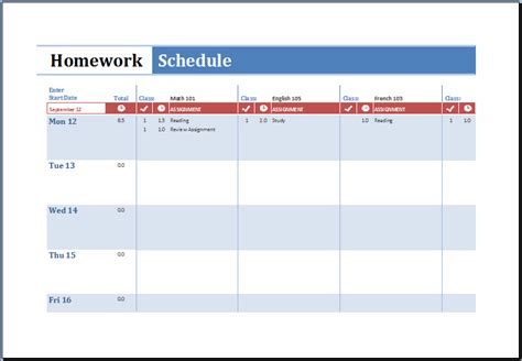 Homework Assignments Schedule With Teacher Details Template Free Printable