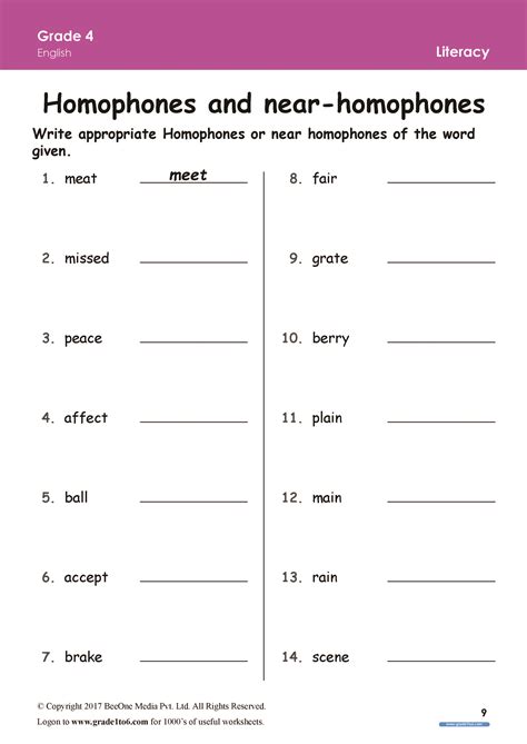 Homophones Worksheet 4th Grade