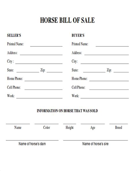 Horse Bill Of Sale Printable