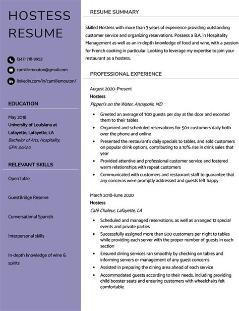 Hostess Resume Sample
