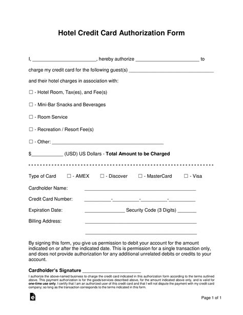 Free Hotel Credit Card Authorization Forms PDF Word eForms