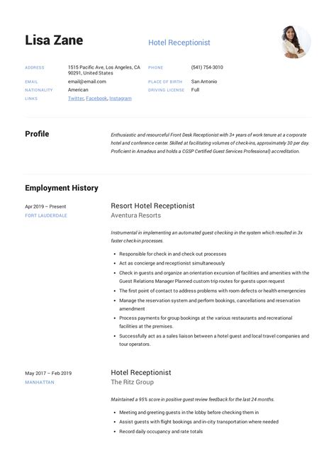 Hotel Resume Sample