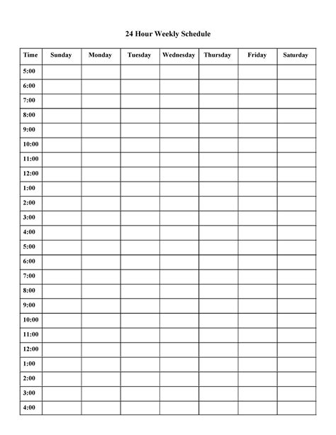 Hourly Schedule Work Week Printable