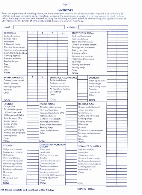 House Contents List Template