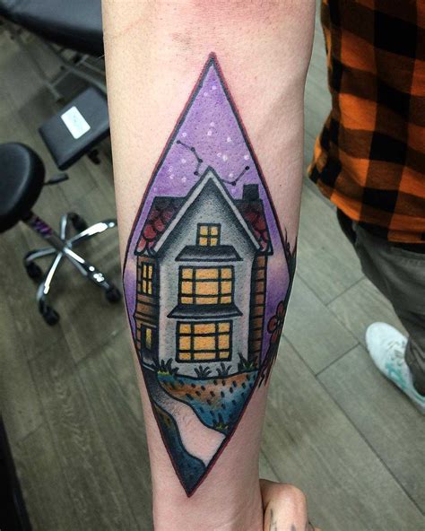 Hunted house thigh tattoo Cartoon tattoos, Spooky
