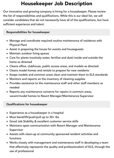 Housekeeper Cook Job Description