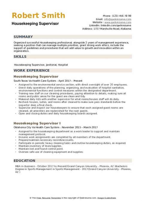 Housekeeping Supervisor Resume Sample