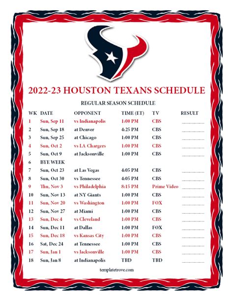 Houston Texans Printable Schedule