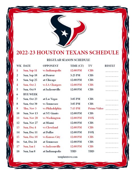Houston Texans Printable Schedule 2022