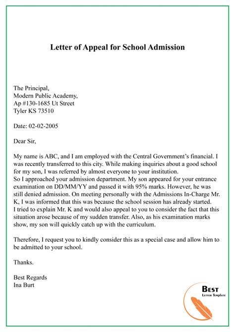 Writing A Letter Of Appeal For School Admission