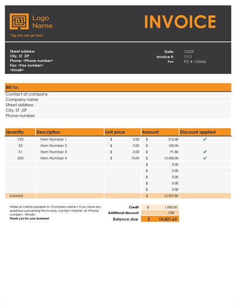 Free Excel Invoice Template Download * Invoice Template Ideas