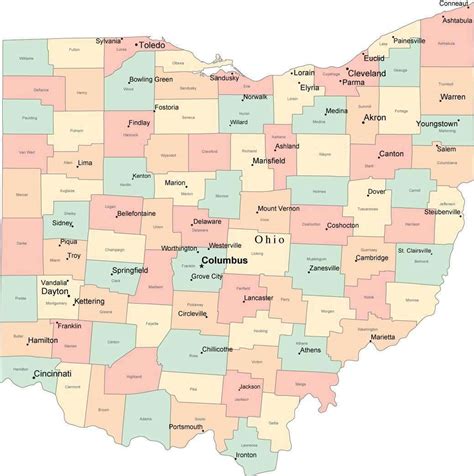 Map of Ohio showing cities and counties