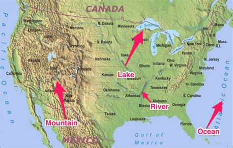 USA map with mountains and rivers