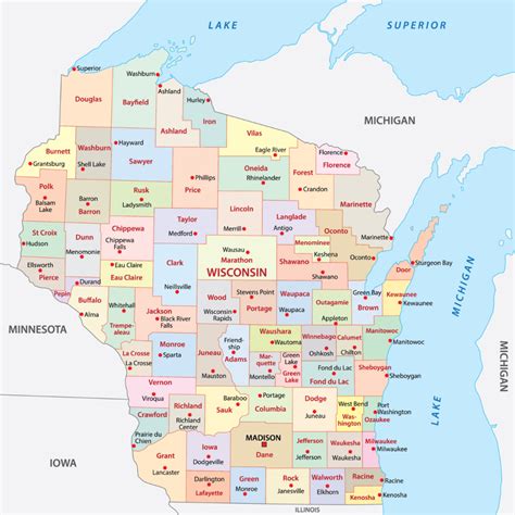 Wisconsin Counties Map with Cities