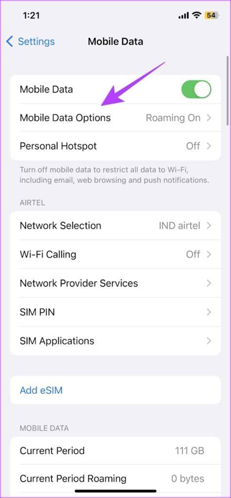 Where the mobile data option appears in Settings