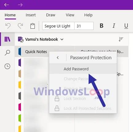 How to add password to a section in OneNote