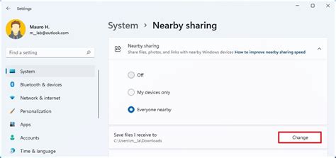 How to change Nearby sharing download folder on Windows 11
