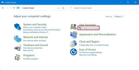 How to change user account type using Control Panel