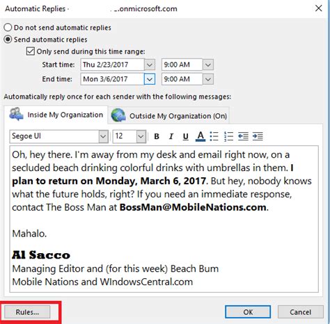 How to create a custom rule for Outlook automatic replies