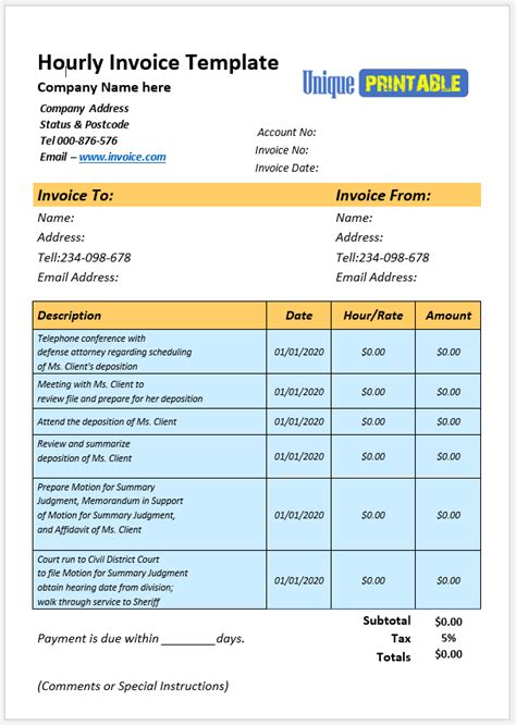 Hourly Invoice Template Template Business