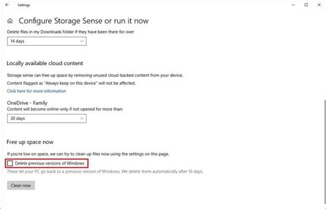 How to delete the Windows.old folder from Storage Sense settings