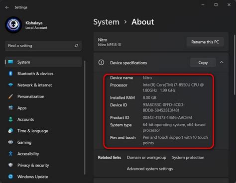 How to find device specs from Settings on Windows 11