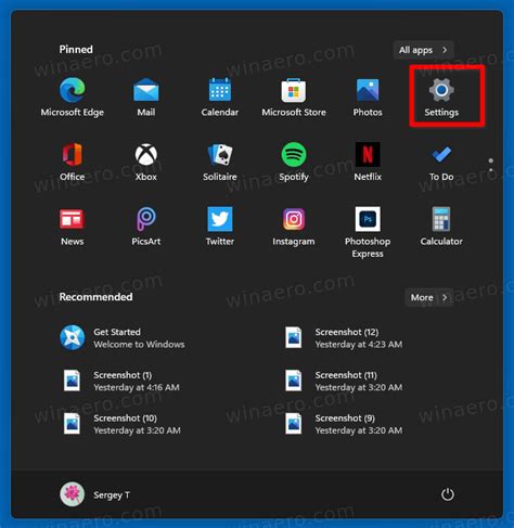 How to open Settings from Start menu