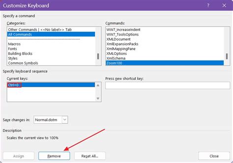 How to remove custom keyboard shortcut in Word