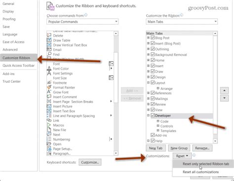 How to reset specific tab settings in Office