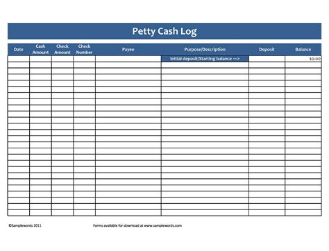 Petty Cash Log Template Free Download Printable Form, Templates and
