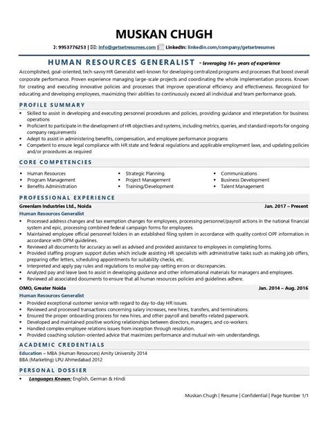 Human Resources Generalist Sample Resume
