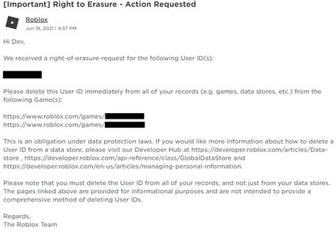 I got a GDPR Right to Erasure notice from Roblox a few days ago 