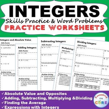 INTEGERS Homework Practice Worksheets - Skills Practice with Word
