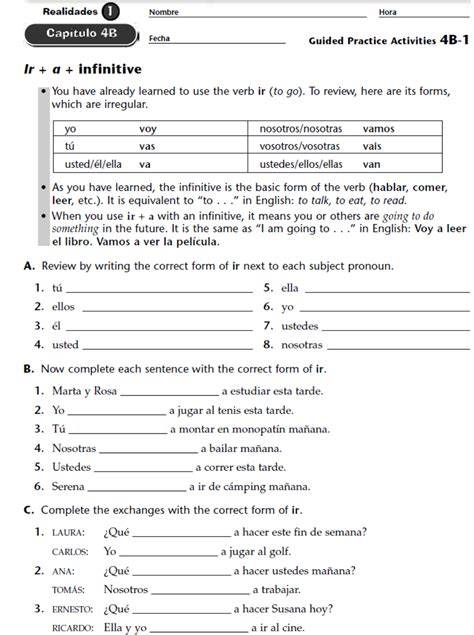 Ir A Infinitive Worksheet Answers