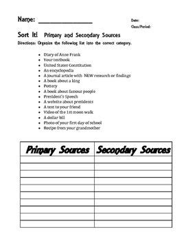 Identify Primary And Secondary Sources Worksheet