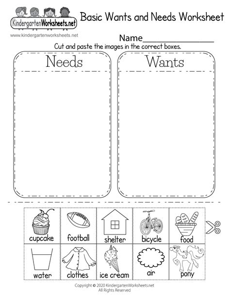 Identifying Basic Wants and Needs Worksheet for Kindergarten