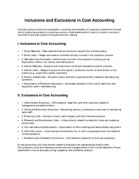 Inclusions Exclusions Costs