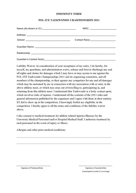 Indemnity Form Template